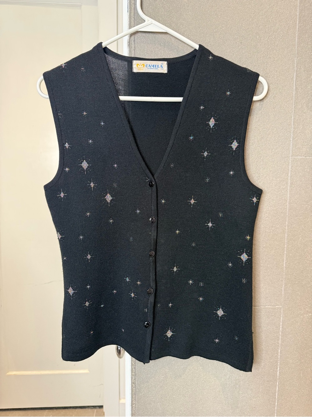 Vintage Camela International Black Merino Wool Sparkle Sweater Vest EU 34 US S